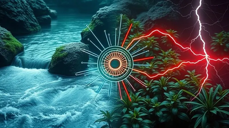 A photorealistic image showing a complex, interconnected digital ecosystem. On one side, a calm, flowing river representing 'Perpetual' feeds into a central hub. On the other side, a vibrant, energetic lightning bolt representing 'Launch' also connects to the same hub. The hub then powers a network of growing plants. Cinematic lighting, 8K, sharp focus, depth of field, professional photography.