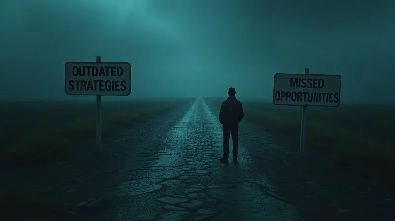 A photorealistic image of a lone figure standing at a crossroad in a dimly lit digital landscape, with broken pathways and signs pointing to 'Outdated Strategies' and 'Missed Opportunities'. The figure looks contemplative, symbolizing the pitfalls of inaction. Cinematic lighting, 8K, sharp focus, depth of field, professional photography.