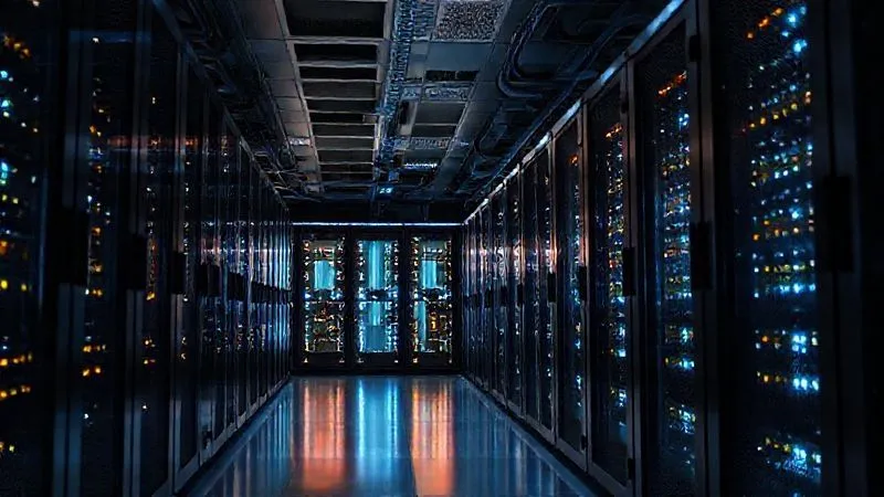 A photorealistic image of a sleek, modern server room with rows of glowing, high-performance servers, symbolizing robust and scalable infrastructure. Cinematic lighting, sharp focus, depth of field, 8K hyper-detailed, professional photography, shot on a high-end DSLR.