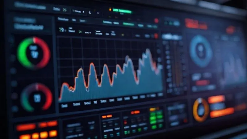 A photorealistic image of a complex digital dashboard displaying real-time performance metrics, load testing graphs showing spikes and plateaus, and alert indicators, all against a dark, tech-savvy background. Cinematic lighting, sharp focus on the data, depth of field, 8K hyper-detailed, professional photography, shot on a high-end DSLR.