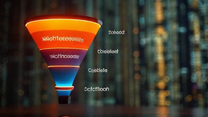 A photorealistic, professional photography image of a marketing funnel with distinct, glowing stages. Each stage is labeled (Awareness, Interest, Desire, Action) and shows a decreasing flow. Cinematic lighting highlights the bottleneck areas, sharp focus on the funnel structure, depth of field blurring a background of digital data, 8K hyper-detailed.