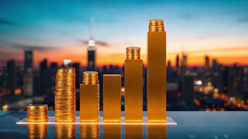 A photorealistic image of a rising bar chart illustrating 'Lifetime Value' growth over time, with golden coins stacked at the top of each bar. The chart is set against a backdrop of a digital city skyline at dusk, professional photography, 8K, cinematic lighting, sharp focus on the chart, depth of field blurring the background, shot on a high-end DSLR.