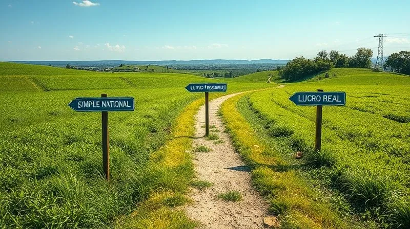 Photorealistic image of three distinct paths diverging in a lush, green landscape, each labeled with a different tax regime (Simples Nacional, Lucro Presumido, Lucro Real), under a clear sky with cinematic lighting. Sharp focus on the path signs, depth of field blurring the distant horizon, 8K hyper-detailed, shot on a high-end DSLR.