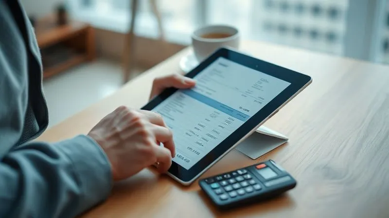 Photorealistic image of a person meticulously organizing digital receipts and invoices on a tablet, with a calculator and coffee cup nearby, in a modern, well-lit home office setting. Cinematic lighting, sharp focus on the tablet and hands, depth of field blurring the background, 8K hyper-detailed, professional photography, shot on a high-end DSLR.