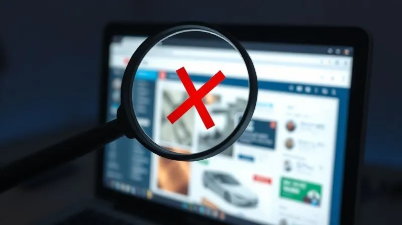 A photorealistic image of a magnifying glass hovering over a computer screen displaying a complex, cluttered sales page, with a red 'X' indicating issues. Cinematic lighting, sharp focus on the screen, depth of field blurring the background. Shot on a high-end DSLR.