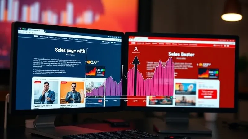 A photorealistic image of a split screen showing two different versions of a sales page (A and B), with a graph overlay indicating one performs better. Cinematic lighting, sharp focus on the screens, depth of field blurring a data analysis dashboard. Shot on a high-end DSLR.