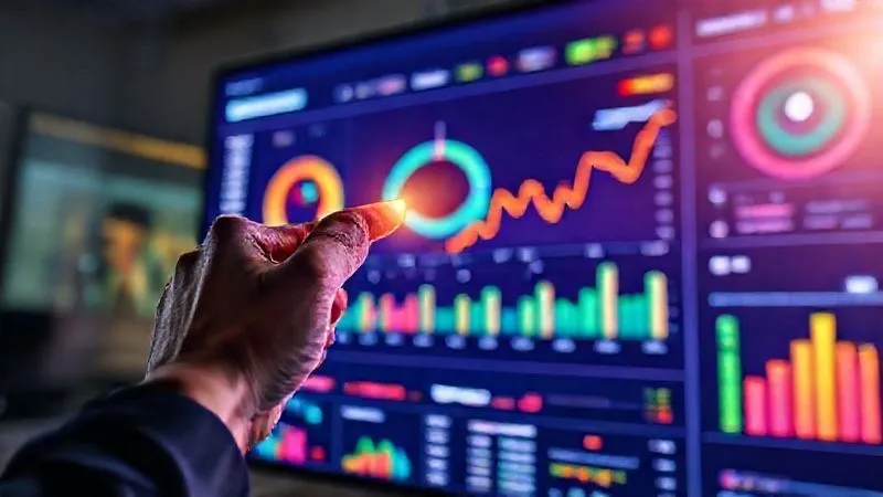 Photorealistic image of a vibrant digital marketing campaign dashboard on a large monitor, showing high conversion rates from a landing page. In the foreground, a hand points to a highlighted metric, surrounded by bright, dynamic data visualizations. Cinematic lighting, sharp focus on the dashboard, depth of field, 8K hyper-detailed, professional photography, shot on a high-end DSLR, conveying successful campaign management.