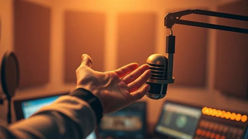 A photorealistic, professional photography, 8K, cinematic lighting, sharp focus, depth of field, shot on a high-end DSLR, showing a radio studio with a single microphone, bathed in a soft, warm glow. A hand reaches out, almost touching the microphone, symbolizing connection and vulnerability. The background is slightly blurred, focusing on the intimate moment of sharing. The overall atmosphere is one of profound authenticity and human connection.