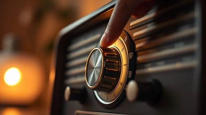 A photorealistic, professional photography, 8K, cinematic lighting, sharp focus, depth of field, shot on a high-end DSLR, showing a vintage radio dial, softly glowing, with a hand gently turning the knob. The background features blurred, warm lights, suggesting a cozy, familiar listening environment. The image conveys a sense of comfort, routine, and the anticipation of a beloved ritual.