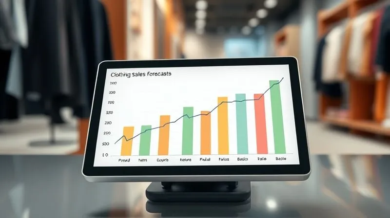 A photorealistic 3D bar chart showing clothing sales forecasts for different product categories over the next three months, with clear upward trends for popular items and stable lines for basics. The chart is clean, professional, and displayed on a modern tablet in a retail setting. Cinematic lighting, sharp focus on the data, depth of field blurring the background, 8K hyper-detailed, professional photography, shot on a high-end DSLR.