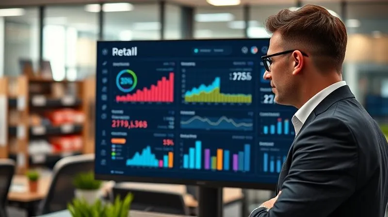A photorealistic image of a sleek, modern retail dashboard displayed on a large monitor in a dynamic office environment. The dashboard shows various graphs and charts, including sales performance, inventory levels, customer segmentation, and financial metrics, all clearly and professionally presented. A business professional is looking at it thoughtfully. Cinematic lighting, sharp focus on the data, depth of field, 8K hyper-detailed, professional photography, shot on a high-end DSLR.