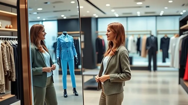 A photorealistic image of a young, stylish woman standing in a modern clothing store, interacting with a large, sleek digital mirror that projects a virtual outfit onto her reflection in real-time. The virtual clothes fit perfectly, and she looks delighted. The store is well-lit with cinematic lighting, sharp focus on the interaction, depth of field blurring the background, 8K hyper-detailed, professional photography, shot on a high-end DSLR.