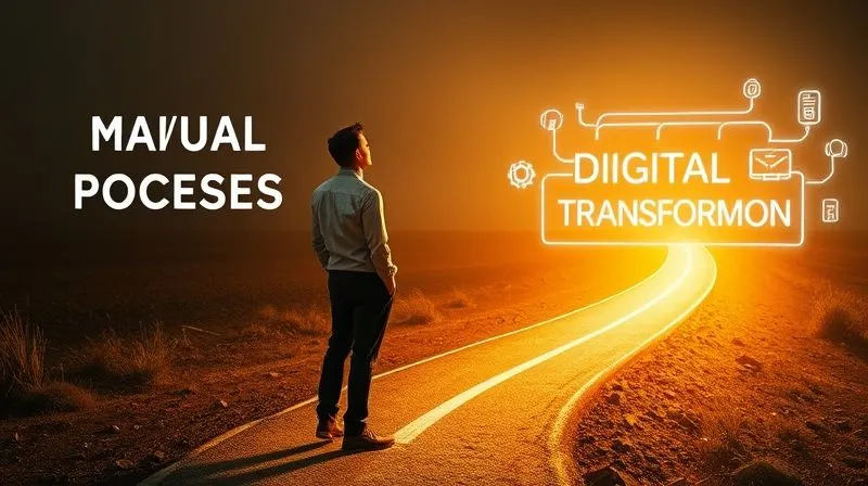 A photorealistic image of a person standing at a crossroads, with one path clearly labeled "Manual Processes" and another, brightly lit path labeled "Digital Transformation" with various digital icons. The person is looking confidently towards the digital path, symbolizing overcoming challenges. Cinematic lighting, sharp focus on the path ahead, depth of field, 8K hyper-detailed, professional photography, shot on a high-end DSLR.