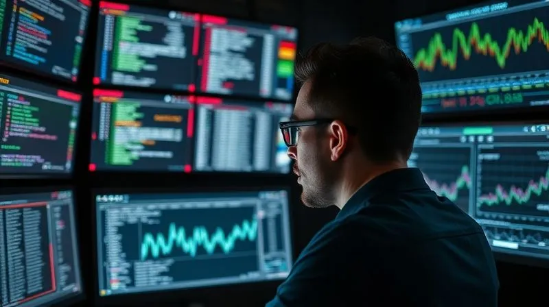 A photorealistic image of a person intensely focused on multiple computer screens displaying complex server logs, network graphs, and real-time performance metrics in a dark control room. Cinematic lighting, sharp focus on the screens and the person's determined expression, depth of field blurring the background, 8K, shot on a high-end DSLR, conveying problem-solving and technical analysis.