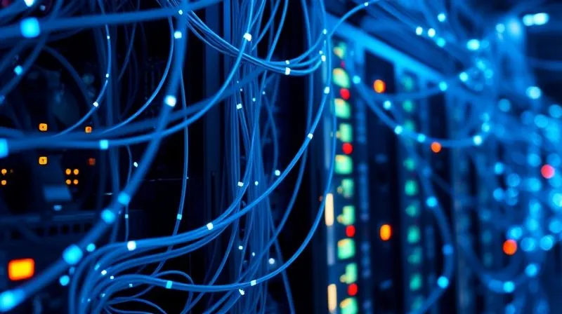 A photorealistic image of a complex network of illuminated fiber optic cables converging into a central server rack, with digital data streams flowing smoothly. The scene is bathed in a cool, futuristic blue light, symbolizing seamless data flow and connectivity. Sharp focus on the intricate wiring, depth of field blurring the background of a high-tech data center. 8K, cinematic lighting, shot on a high-end DSLR, conveying reliability and advanced network infrastructure.