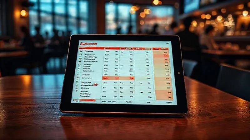 A photorealistic image of a sleek tablet displaying a digital menu heatmap, with red zones highlighting popular items and green zones for less clicked areas. The tablet is on a wooden table in a dimly lit, modern restaurant, with a blurred background of patrons. Cinematic lighting, sharp focus on the heatmap, 8K hyper-detailed.
