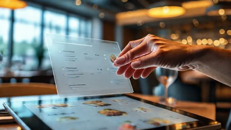 A photorealistic image showing a digital menu interface with AI-powered personalized recommendations popping up discreetly. The background is a modern restaurant table, with a hand hovering over the tablet. Cinematic lighting, sharp focus on the recommendation engine, 8K hyper-detailed, conveying smart technology enhancing customer choice.