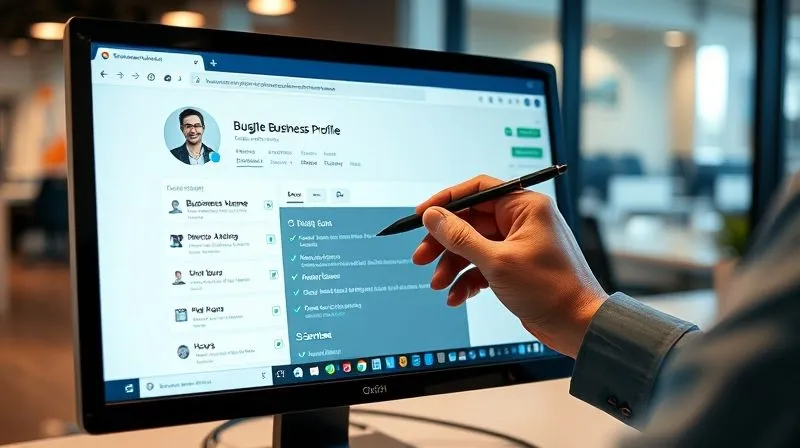 A photorealistic, professional photography of a computer screen displaying a Google Business Profile editing interface. The screen shows various fields being filled in, such as "Business Name," "Address," "Hours," and "Services," with green checkmarks indicating completeness. A hand with a pen is hovering over the screen. Cinematic lighting, sharp focus on the screen, depth of field blurring a modern office background. 8K hyper-detailed, shot on a high-end DSLR.