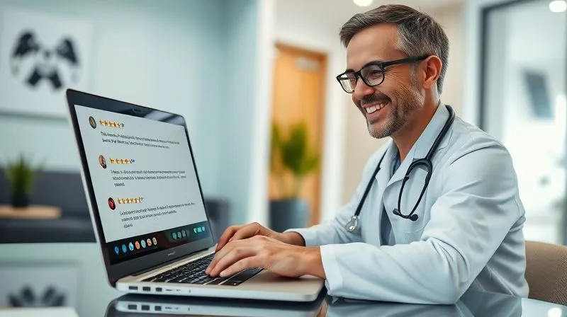 A photorealistic, professional photography of a doctor or clinic manager smiling genuinely while typing a response on a laptop, with a diverse group of patient review snippets (positive and negative, but handled professionally) visible on the screen. Cinematic lighting, sharp focus on the laptop and manager's hands, depth of field blurring a modern, welcoming medical office. 8K hyper-detailed, shot on a high-end DSLR.