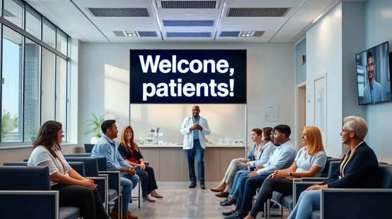 A photorealistic, professional photography of a modern doctor's office reception area with a digital sign displaying "Welcome, patients!" and the clinic's logo. A diverse group of happy patients are seen in the waiting area, some interacting with staff. Cinematic lighting, sharp focus on the welcoming atmosphere, depth of field blurring the background slightly. 8K hyper-detailed, shot on a high-end DSLR.