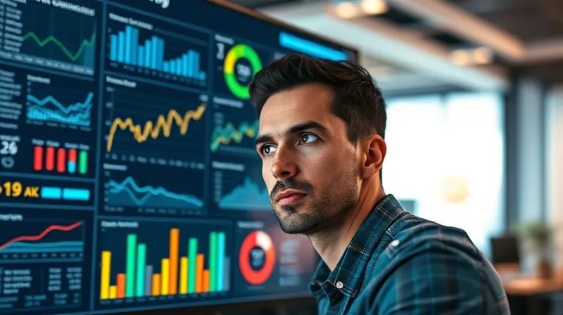 A photorealistic, professional photography of a person looking thoughtfully at a complex digital dashboard filled with charts, graphs, and data points related to local SEO performance. The person has a determined, analytical expression. Cinematic lighting, sharp focus on the dashboard, depth of field blurring a modern office background. 8K hyper-detailed, shot on a high-end DSLR.