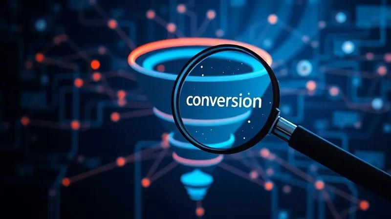 Photorealistic image of a complex B2B sales funnel with multiple interconnected stages, represented by glowing data pathways. A magnifying glass hovers over a 'conversion' stage, highlighting a bottleneck. Cinematic lighting, sharp focus, 8K, professional photography.