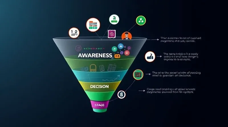 Photorealistic image of a detailed conversion funnel, with each stage clearly labeled (Awareness, Consideration, Decision) and filled with relevant content icons (blog post, e-book, case study). Data flows smoothly between stages, indicating a well-optimized process. Cinematic lighting, sharp focus, 8K, professional photography.