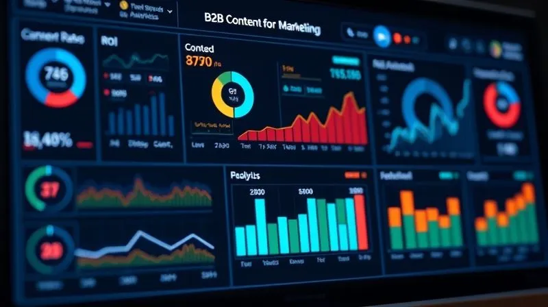 Photorealistic image of a data analytics dashboard displaying various B2B content marketing metrics: conversion rates, lead generation, and ROI. The dashboard is clean, modern, and has glowing data points, indicating actionable insights. Cinematic lighting, sharp focus, 8K, professional photography.