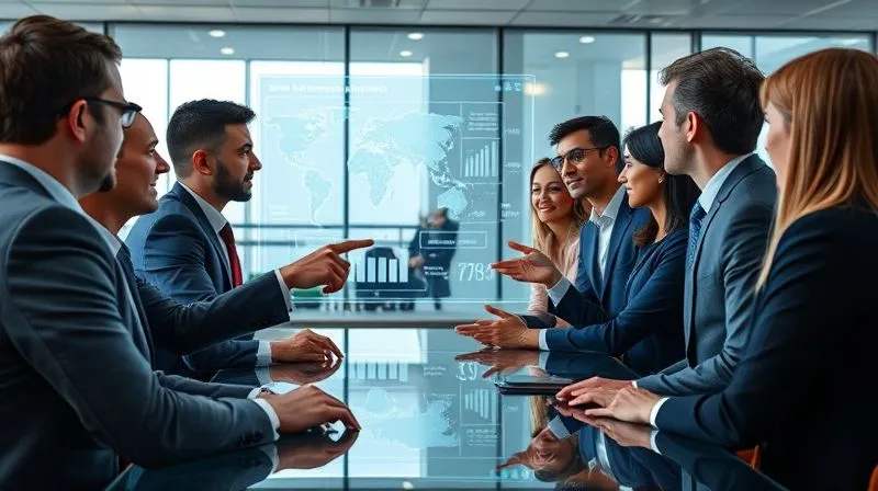 Photorealistic image of a diverse group of business professionals in a modern, high-tech conference room, engaged in a vibrant discussion around a holographic display showing complex data and strategic plans. One person is pointing to a key insight, conveying expertise and collaboration. Cinematic lighting, sharp focus, 8K, professional photography.