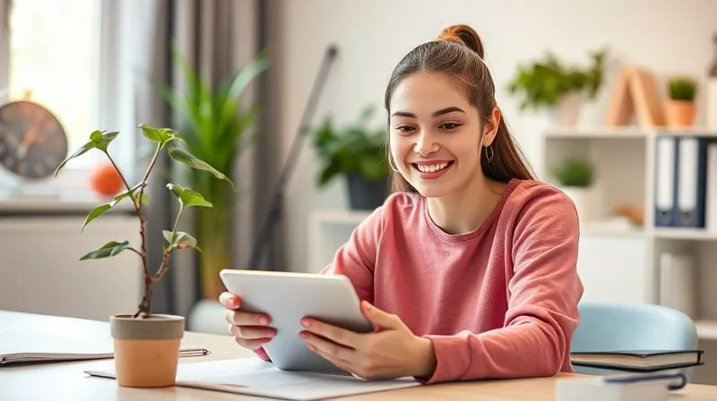 A photorealistic, professional photography image of a student successfully completing an online course module on a tablet, with a bright smile, surrounded by motivational elements like a growing plant and a clear, organized desk, cinematic lighting, sharp focus, depth of field blurring a modern home office background, 8K hyper-detailed, shot on a high-end DSLR.
