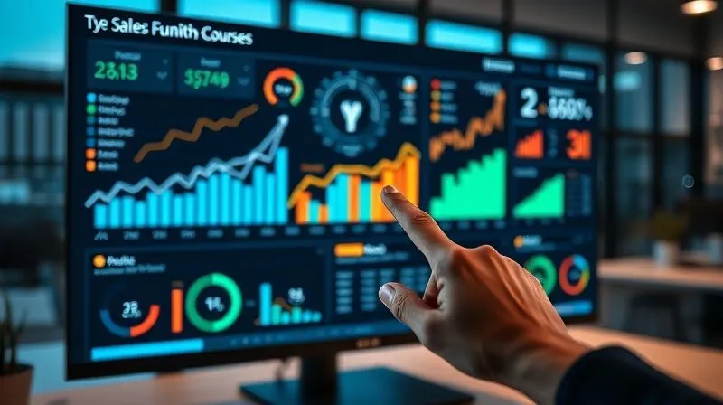 A photorealistic, professional photography image of a sophisticated data dashboard on a large monitor, displaying various growth charts, sales funnels, and conversion rates for online courses, with a hand pointing to a rising trend, cinematic lighting, sharp focus on the dashboard, depth of field blurring a modern office background, 8K hyper-detailed, shot on a high-end DSLR.