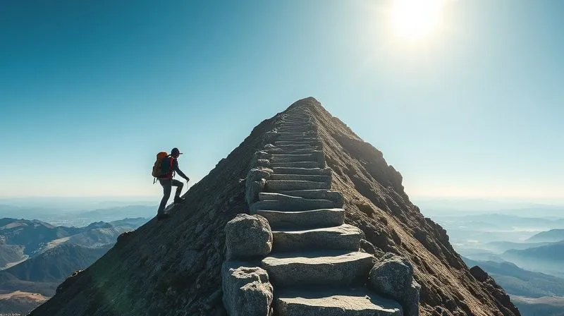 A photorealistic, professional photography image of a person climbing a steep, winding path towards a brightly lit summit, symbolizing perseverance and growth, with a clear blue sky, cinematic lighting, sharp focus on the climber, depth of field blurring the distant landscape, 8K hyper-detailed, shot on a high-end DSLR.