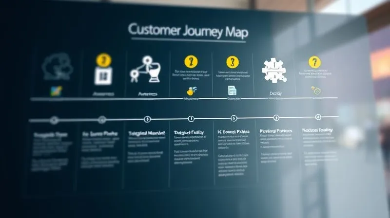 A photorealistic infographic showing a customer journey map with distinct stages: Awareness, Consideration, Decision, represented by different visual elements and a clear flow, professional photography, 8K, cinematic lighting, sharp focus, depth of field blurring the background, shot on a high-end DSLR.