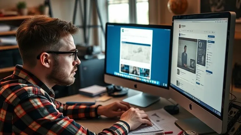 A frustrated graphic designer looking at a computer screen displaying a social media post with zero likes and comments, surrounded by notes and sketches. The office is slightly cluttered, suggesting hard work without results. Photorealistic, professional photography, 8K, cinematic lighting, sharp focus, depth of field, shot on a high-end DSLR.