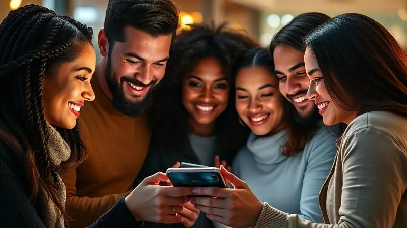 A diverse group of people from different backgrounds looking intently and smiling at a shared smartphone screen, showing a captivating social media post. Their expressions convey connection and interest. Photorealistic, professional photography, 8K, cinematic lighting, sharp focus, depth of field, shot on a high-end DSLR.