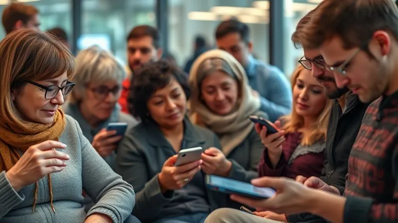 A diverse group of people, some with visual impairments using screen readers, others with hearing impairments watching captioned videos, all engaging with social media content on various devices. The scene should convey inclusivity and seamless digital interaction. Photorealistic, professional photography, 8K, cinematic lighting, sharp focus, depth of field, shot on a high-end DSLR.