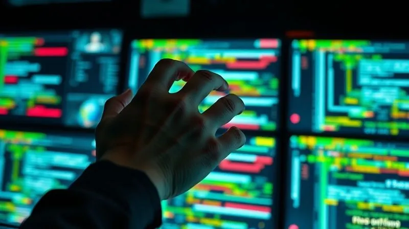 Photorealistic image of a cybersecurity expert's hands hovering over multiple glowing computer screens displaying complex code and network diagrams, cinematic lighting, sharp focus on the hands, depth of field blurring the background, 8K hyper-detailed, shot on a high-end DSLR.