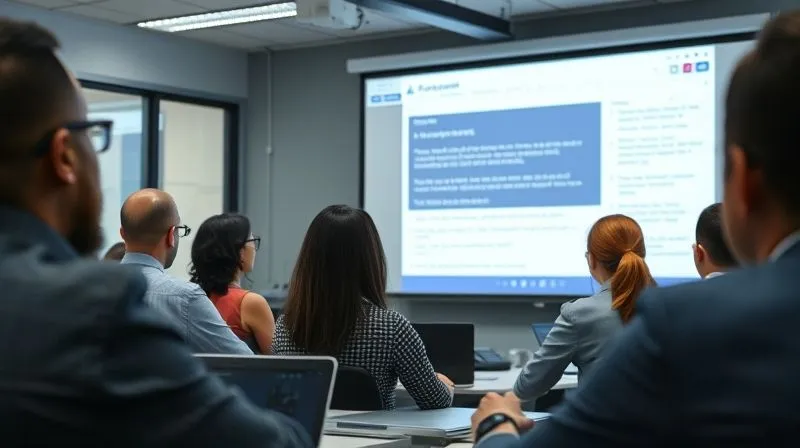 Photorealistic image of a diverse group of office workers attentively participating in a cybersecurity awareness training session, looking at a projector screen displaying a phishing email example, cinematic lighting, sharp focus on the participants, depth of field blurring the background, 8K hyper-detailed, shot on a high-end DSLR.