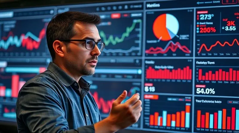 Photorealistic, professional photography, 8K, cinematic lighting, sharp focus, depth of field, shot on a high-end DSLR. A complex, interconnected digital marketing dashboard with some metrics highlighted in red, indicating low performance and 'leaks' in a sales funnel, with a frustrated but determined business analyst looking at it.