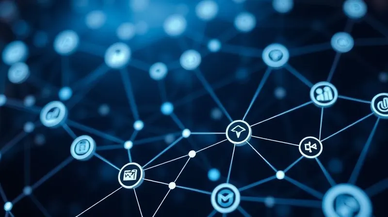 Photorealistic, professional photography, 8K, cinematic lighting, sharp focus, depth of field, shot on a high-end DSLR. A seamless digital ecosystem with interconnected icons representing CRM, marketing automation, analytics, and sales platforms, all flowing together to form a cohesive network, symbolizing efficiency and data integration.