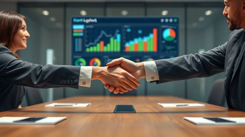 Photorealistic, professional photography, 8K, cinematic lighting, sharp focus, depth of field, shot on a high-end DSLR. Two professional business teams, one representing marketing and the other sales, shaking hands firmly across a conference table, with a shared digital dashboard displaying aligned goals and metrics, symbolizing seamless collaboration and synergy.