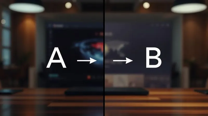 Photorealistic, professional photography, 8K, cinematic lighting, sharp focus, depth of field, shot on a high-end DSLR. A split-screen visual depicting two slightly different versions of a digital ad or landing page (A and B), with subtle arrows and data points indicating which version performs better, symbolizing A/B testing and optimization.