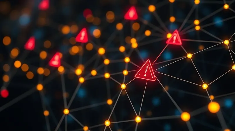 A photorealistic image of a complex digital network with small red warning icons appearing at various nodes, signifying points of vulnerability. The network lines are glowing, indicating data flow, but the red icons are stark and alarming. Cinematic lighting, professional photography, 8K, sharp focus on the warning icons, depth of field blurring the background network.