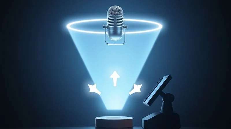 Photorealistic image of a clear, glowing sales funnel made of light, with a podcast microphone at the top, and arrows pointing towards a cash register at the bottom, symbolizing conversion. Cinematic lighting, sharp focus, depth of field, 8K hyper-detailed, professional photography.