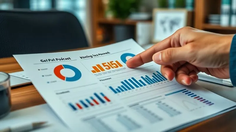 Photorealistic image of a business report showing various charts and graphs, with one section highlighted showing positive ROI for a podcast. A hand points to the positive data. Professional office setting, cinematic lighting, sharp focus on the report, depth of field, 8K hyper-detailed, shot on a high-end DSLR.