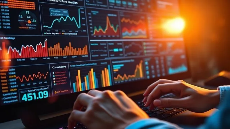 A photorealistic image of a complex data dashboard with various charts and graphs, showing website traffic, user behavior, and conversion funnels. The screen is glowing, reflecting on a pair of hands typing on a keyboard, cinematic lighting, sharp focus on the data, depth of field, 8K hyper-detailed.