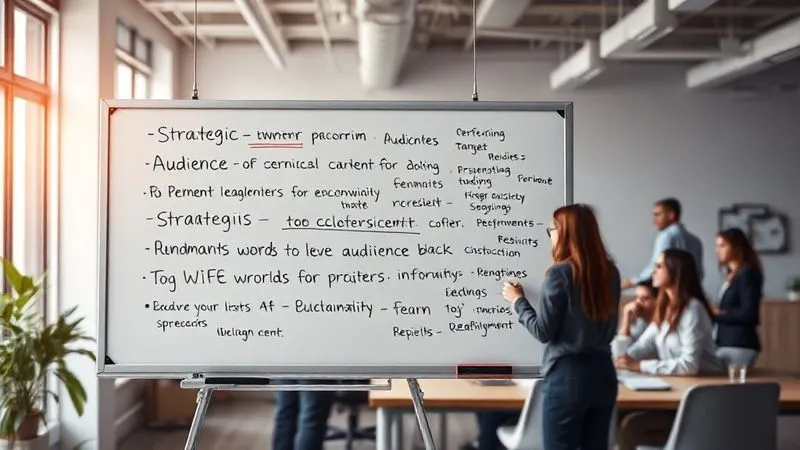 A photorealistic image of a whiteboard in a modern office, filled with strategic keywords, target audience insights, and a clear unique value proposition statement, with a team of diverse professionals collaborating in the background, cinematic lighting, sharp focus on the whiteboard, depth of field, 8K hyper-detailed.