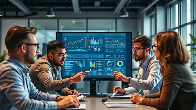 A photorealistic image of a team of digital marketers gathered around a large monitor, analyzing A/B test results and conversion funnels, pointing at data with focused expressions. The office is modern and collaborative, cinematic lighting, sharp focus on the team and screen, depth of field, 8K hyper-detailed.