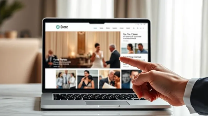 photorealistic, professional photography, 8K, cinematic lighting, sharp focus, depth of field, shot on a high-end DSLR. A beautifully curated online portfolio of an event photographer, displayed on a sleek, modern laptop screen, with vibrant, emotional photos of a wedding. A hand points to a section with glowing client testimonials. The overall mood is professional, inspiring, and trustworthy.