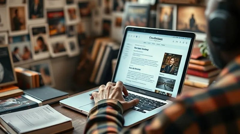 photorealistic, professional photography, 8K, cinematic lighting, sharp focus, depth of field, shot on a high-end DSLR. A creative event photographer typing on a laptop, surrounded by inspirational mood boards and photography books, with a blog post interface visible on the screen, demonstrating thought leadership and content creation. The atmosphere is cozy and intellectual, with soft natural light.